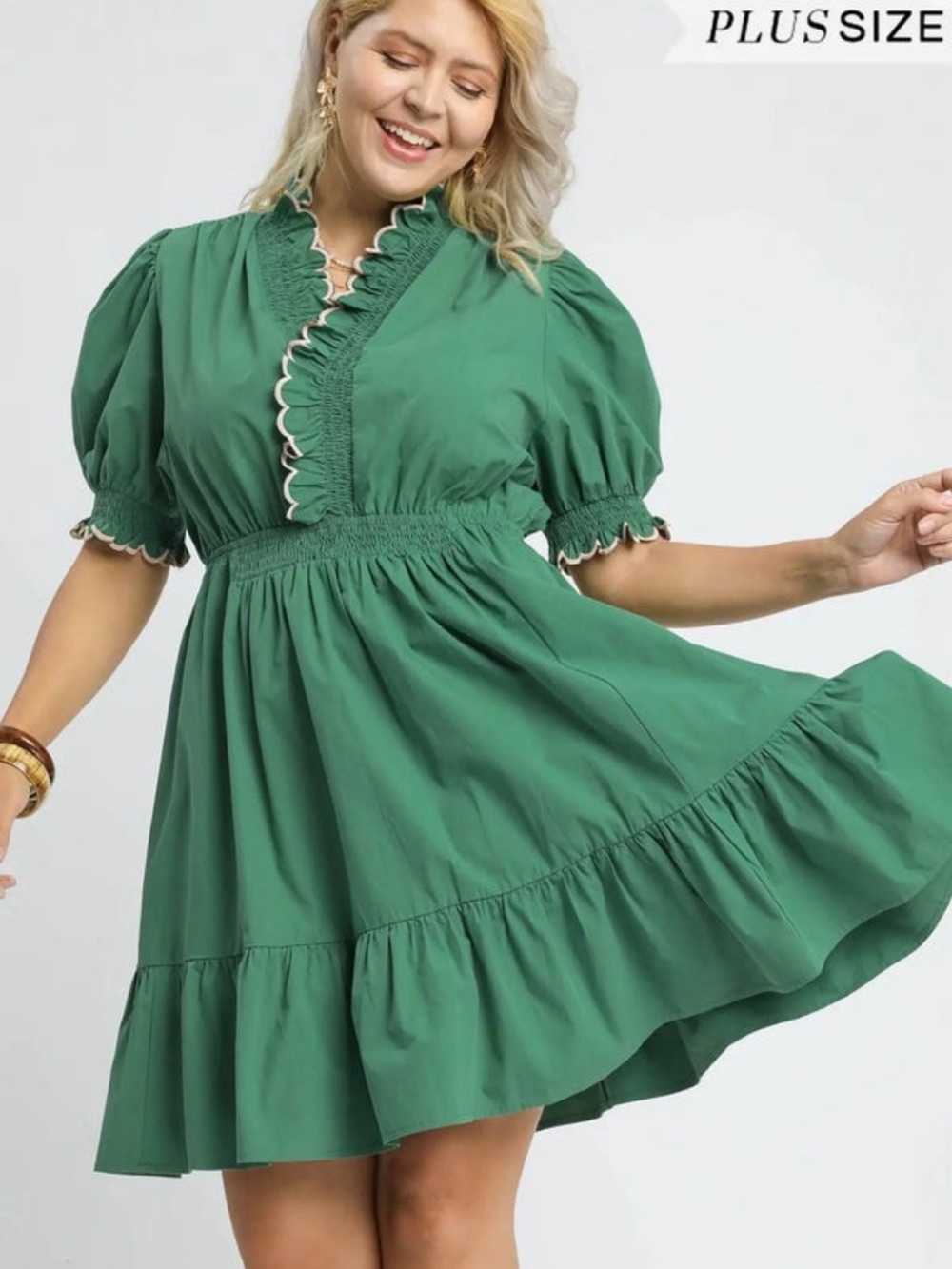 UMGEE PLUS Size Green Ruffle Dress with Pink Trim